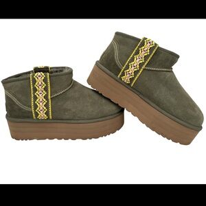 UGG Olive Green Platform Boots with Embroidered Strap